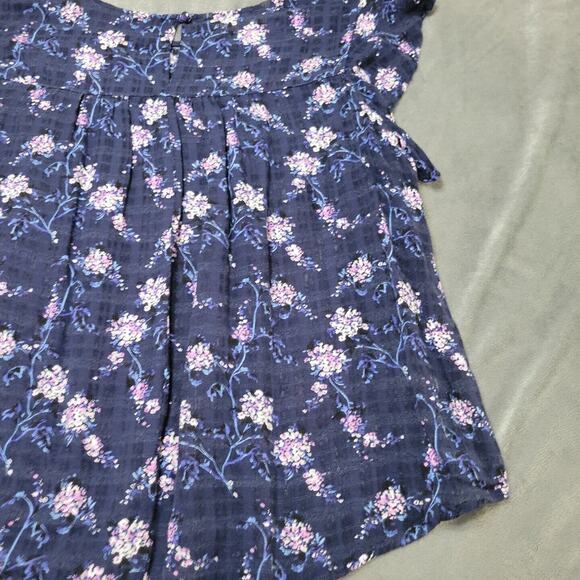 Roebuck & Co Shirt Women Large Blouse Blue Floral Sleeve Button Keyhole Back Top - Picture 9 of 12